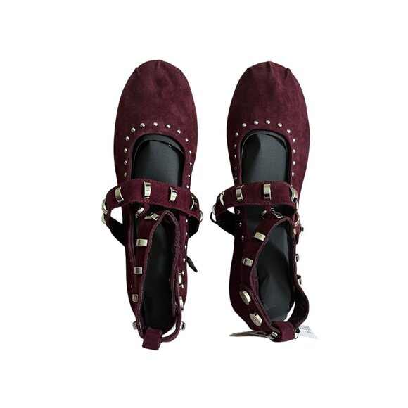 Zara Studded Suede Ballet Flats - Burgundy Red - Size 10 - Ankle Strap - Chic - Picture 7 of 9